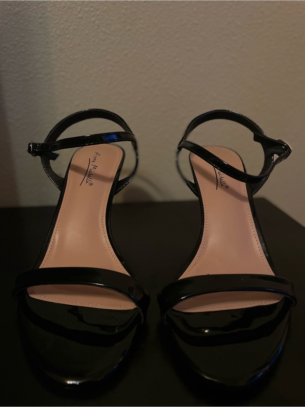 Anne Michelle Black Patent Open-Toe Ankle-Strap Heels